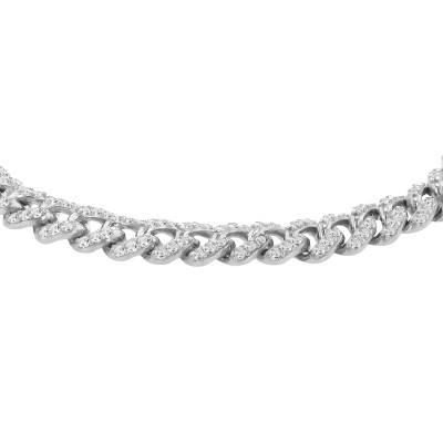 925 Sterling Silver Rhodium-Plated Curb Chain Bracelet with White Stones, 19 cm - Manillon - Manillon