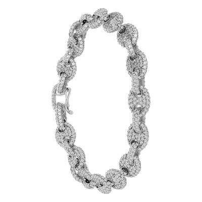 925 Sterling Silver Rhodium-Plated Coffee Bean Chain Bracelet with White Stones, 19 cm - Manillon