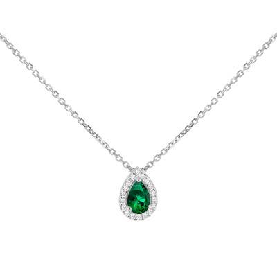 Collier Goutte en Argent 925 & Pierres Blanches et Verte, Longueur de 43 cm à 46 cm - Emanessence