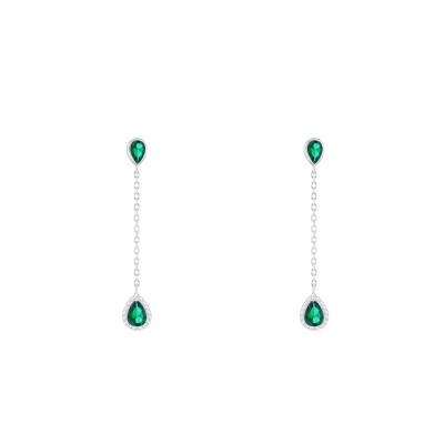 925 Rhodium-Plated Silver & Green Stone Drop Earrings - Emanessence