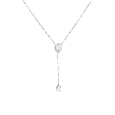 Collier Y en Argent 925 Plaqué Rhodium & Pierres Blanches, Longueur de 38 cm à 43 cm - Emanessence