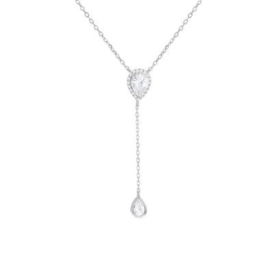 Collier en Y & Pierres Blanches, Argent 925 Plaqué Rhodium, Longueur 38 à 43 cm - Emanessence