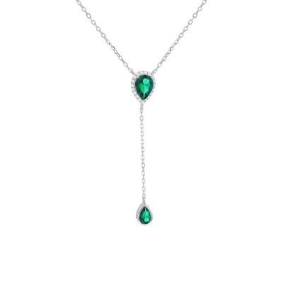 Collier en Y & Pierres Vertes, Argent 925 Plaqué Rhodium, Longueur 38 à 43 cm - Emanessence