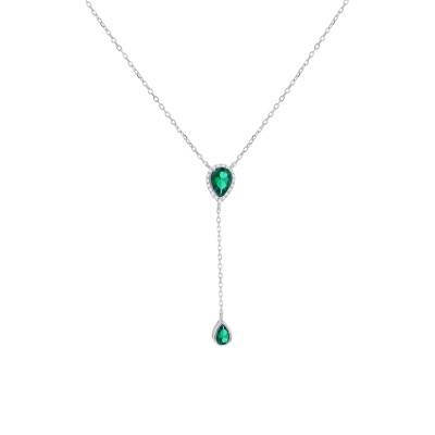 Rhodium-Plated 925 Silver Y Necklace with Green Stones, Length 38 cm to 43 cm - Emanessence