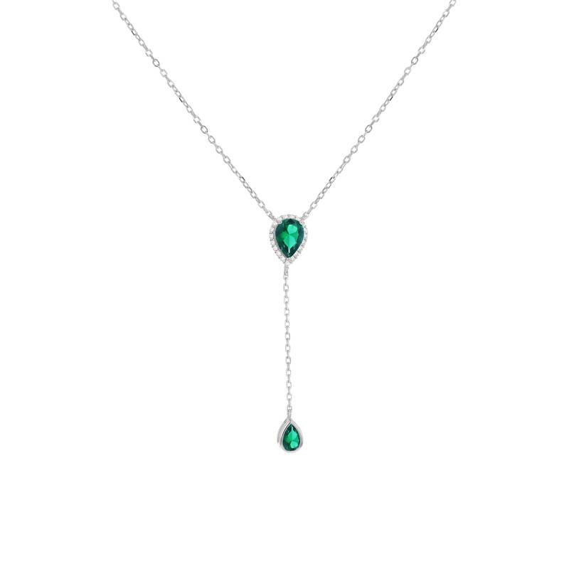 Rhodium-Plated 925 Silver Y Necklace with Green Stones, Length 38 cm to 43 cm - Emanessence