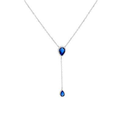 Blue Stone Rhodium-Plated 925 Silver Y Necklace, Length 38 cm to 43 cm - Emanessence