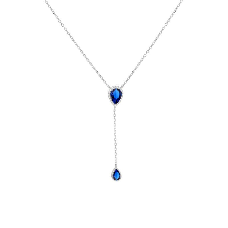 Blue Stone Rhodium-Plated 925 Silver Y Necklace, Length 38 cm to 43 cm - Emanessence