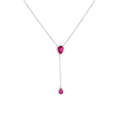 Collier Y en Argent 925 Plaqué Rhodium & Pierres Rouges, Longueur de 38 cm à 43 cm - Emanessence