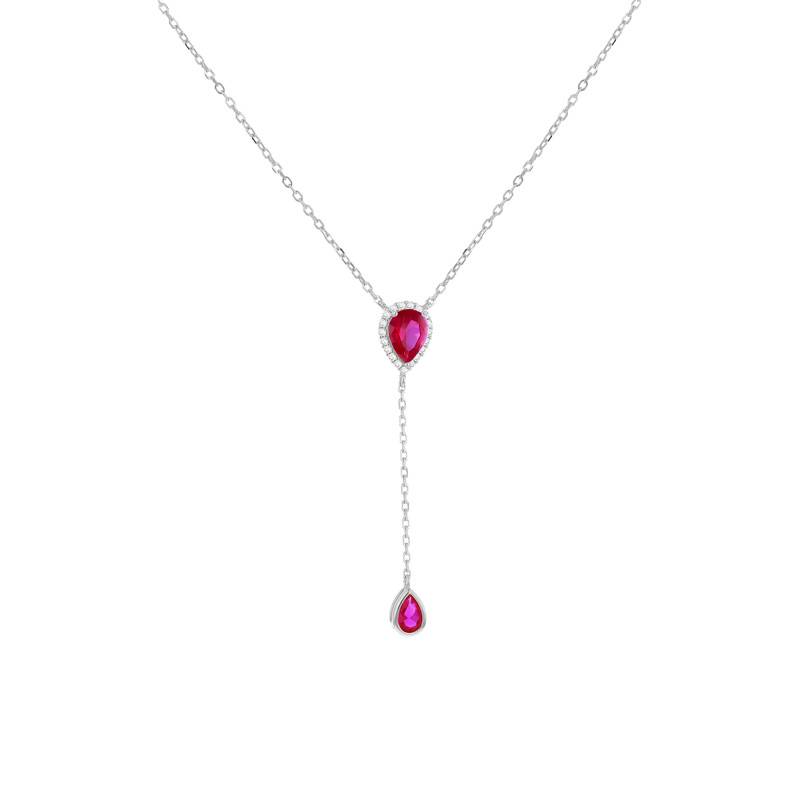 925 Rhodium-Plated Silver Y-Necklace & Red Stones, Length 38 cm to 43 cm - Emanessence
