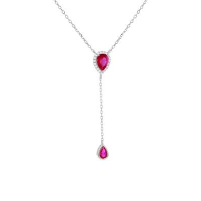Collier en Y & Pierres Rouges, Argent 925 Plaqué Rhodium, Longueur 38 à 43 cm - Emanessence
