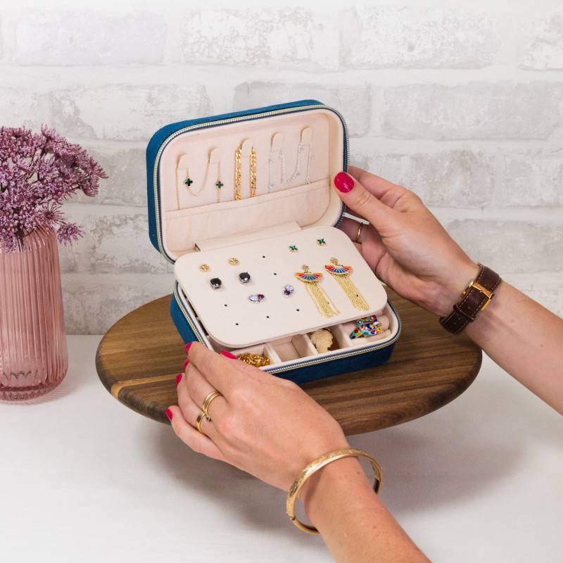 Blue Velvet Travel Jewelry Box, 16x11x5.5cm - Les Essentiels