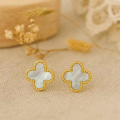 Yellow Gold 375/1000 & Mother-of-Pearl Studded Clover Earrings - Emanessence