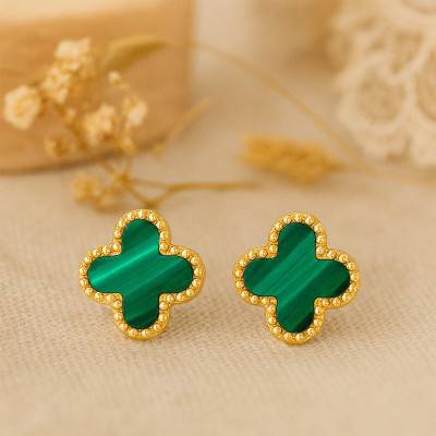 Yellow Gold 375/1000 & Malachite Studded Clover Earrings - Emanessence