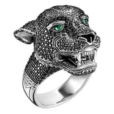 Bague Black Cat en Argent 925 Noirci & Pierres Noires et Vertes - TR2202-845-11 - Thomas Sabo