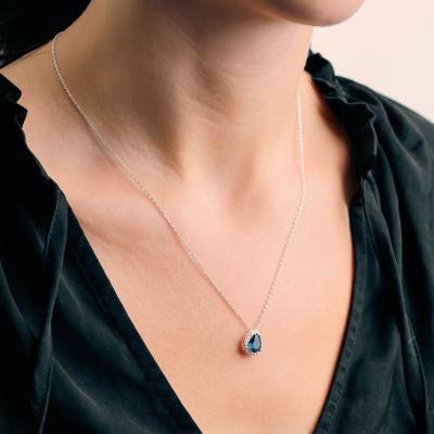 Collier Goutte Bleue & Pierres Blanches en Argent 925, Longueur 43 à 46 cm - Emanessence