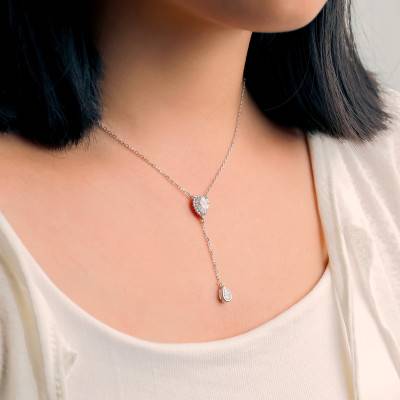 Collier Y en Argent 925 Plaqué Rhodium & Pierres Blanches, Longueur de 38 cm à 43 cm - Emanessence