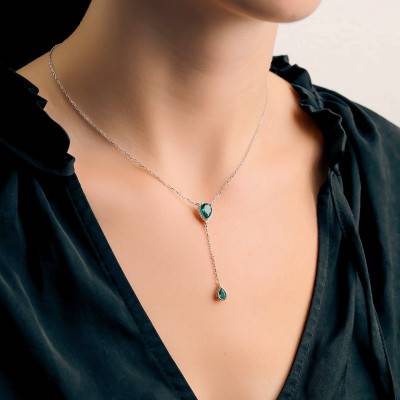Rhodium-Plated 925 Silver Y Necklace with Green Stones, Length 38 cm to 43 cm - Emanessence