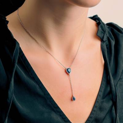 Blue Stone Rhodium-Plated 925 Silver Y Necklace, Length 38 cm to 43 cm - Emanessence