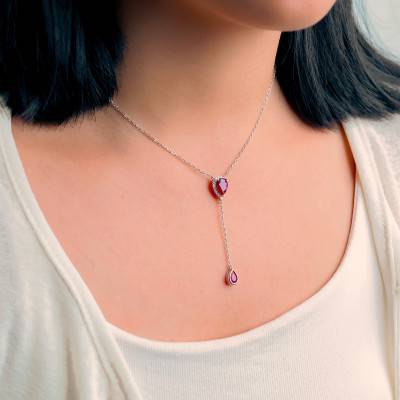 925 Rhodium-Plated Silver Y-Necklace & Red Stones, Length 38 cm to 43 cm - Emanessence