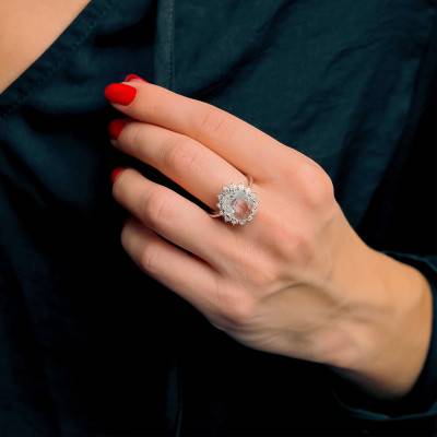 925/1000 Silver White Stone Halo & Oval Glass Daisy Ring - Emanessence