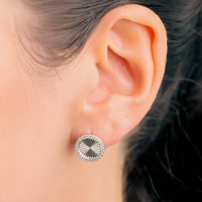 925 Rhodium-Plated Silver Striped Round Stud Earrings & Stones - Emanessence