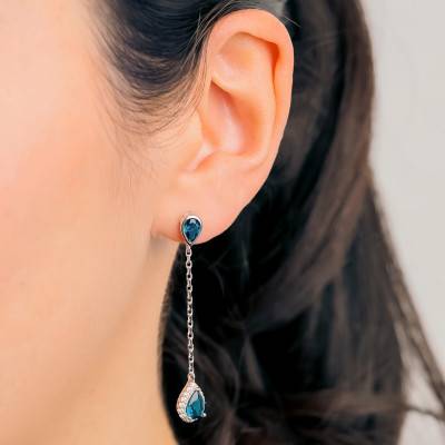 Boucles d'Oreilles Gouttes Pendantes en Argent 925 Plaqué Rhodium & Pierres Bleues - Emanessence