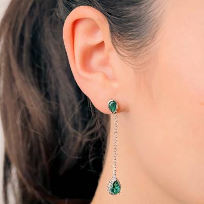 925 Rhodium-Plated Silver & Green Stone Drop Earrings - Emanessence
