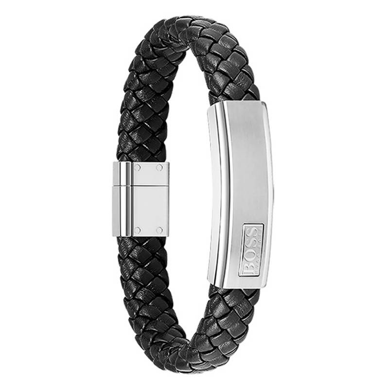 Black Braided Leather and Silver Steel Bracelet - Boss