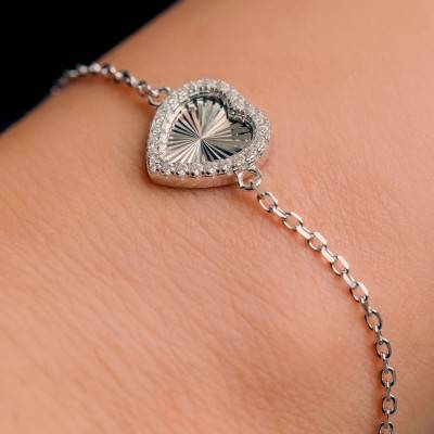 925 Silver Rhodium-Plated Heart Bracelet with Stones, Length 16 cm to 19 cm - Emanessence