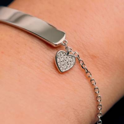 Bracelet Plaque Gravable & Coeur en Argent 925 Plaqué Rhodium, Longueur 17 à 19 cm - Emanessence