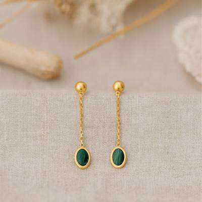 Boucles d'oreilles Ovales Chaînes en Or Jaune 375 & Malachites - Aurora