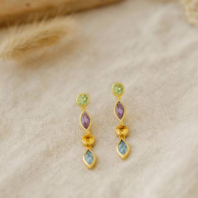 375/1000 Yellow Gold Alternating Drop Earrings & Colored Gemstones - Aurora