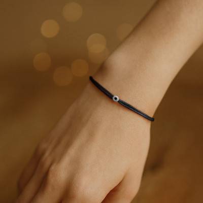 Bracelet Cordon Noir et Diamant Noir, Or Blanc 750 - Aurora
