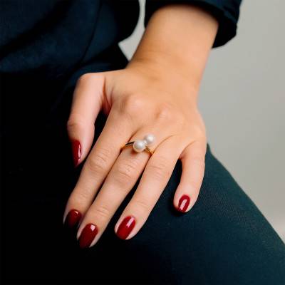 18K Yellow Gold Ring with 0.02 ct Diamonds and Cultured Pearls - Emanessence