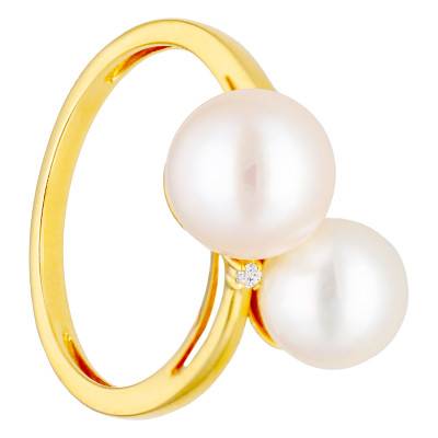 18K Yellow Gold Ring with 0.02 ct Diamonds and Cultured Pearls - Emanessence