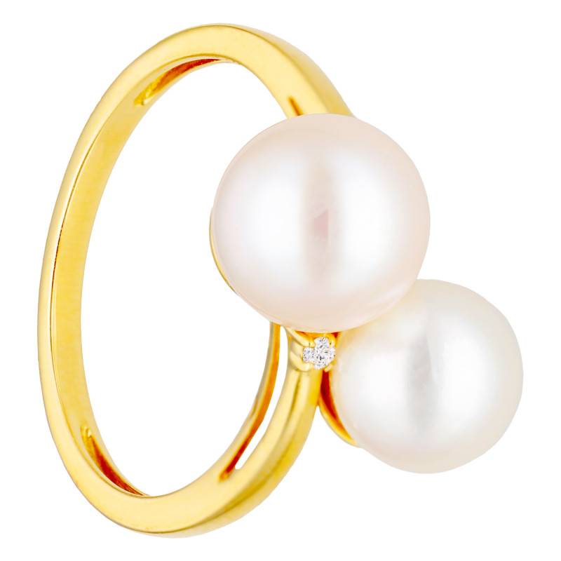 18K Yellow Gold Ring with 0.02 ct Diamonds and Cultured Pearls - Emanessence