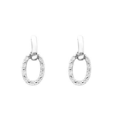 18K White Gold Oval Hoop Drop Earrings & 0.09 ct Diamonds - Emanessence