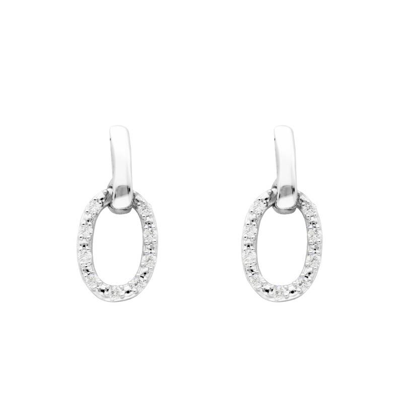 18K White Gold Oval Hoop Drop Earrings & 0.09 ct Diamonds - Emanessence