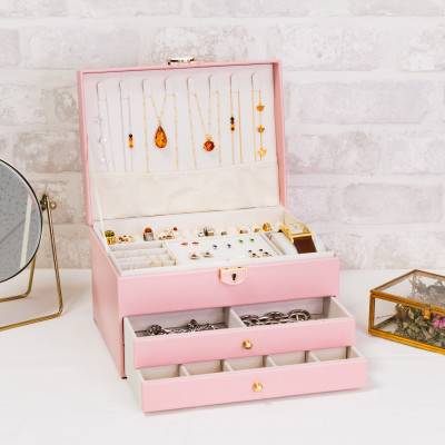 Boite à bijoux rose 3 étages 23x17x13cm - Les Essentiels