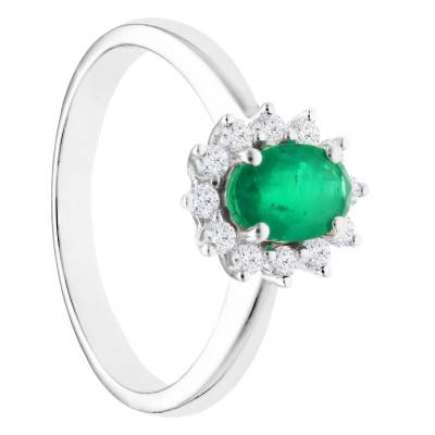 Bague en Or blanc 750, sertie d'une Emeraude ovale et Diamants - Aurora