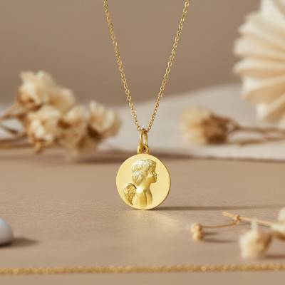 375 or 750 Yellow Gold Profile Angel Medal, 18.50 mm Diameter - Argyor