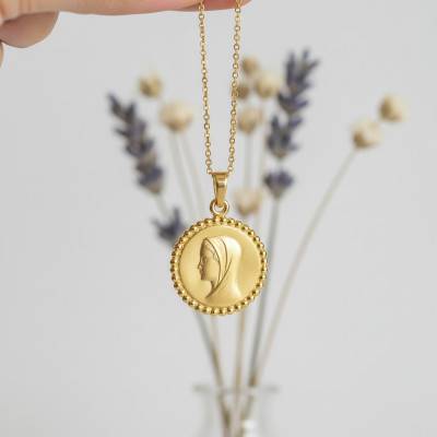 750 Yellow Gold Vierge Perlée Medal, 16 mm Diameter - Argyor