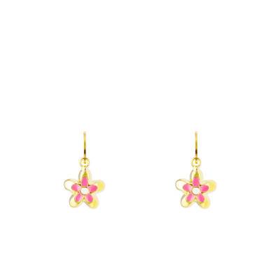 Boucles d'Oreilles Dormeuses Fleur rose en Or Jaune 750 - Bambins