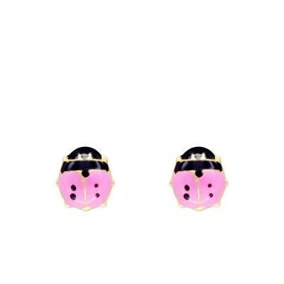 750/1000 Yellow Gold Pink Ladybug Stud Earrings - Bambins