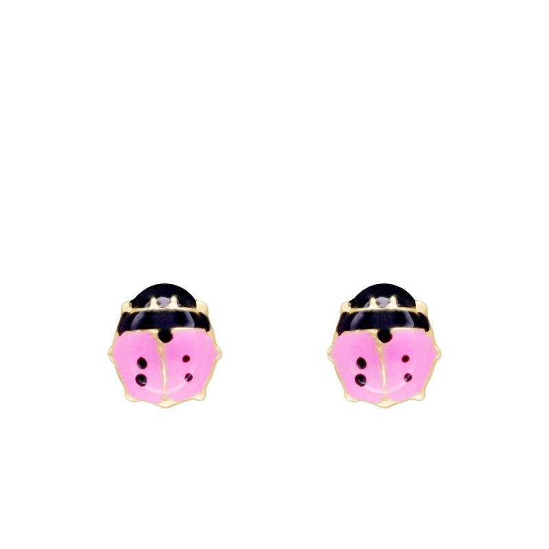 750/1000 Yellow Gold Pink Ladybug Stud Earrings - Bambins