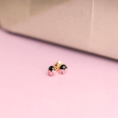 750/1000 Yellow Gold Pink Ladybug Stud Earrings - Bambins