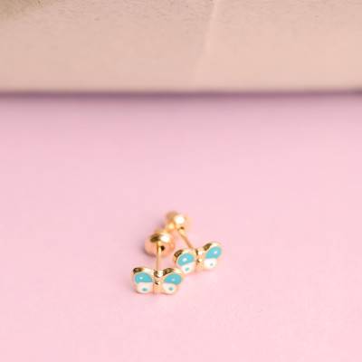Boucles d'Oreilles Papillon Bleu en Or Jaune 750 - Bambins
