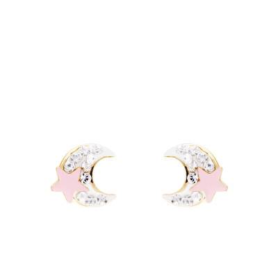 375/1000 Yellow Gold & White Stones Moon Stud Earrings - Bambins