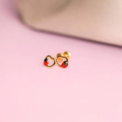 Boucles d'Oreilles Coeur Coccinelle en Or Jaune 750 - Bambins