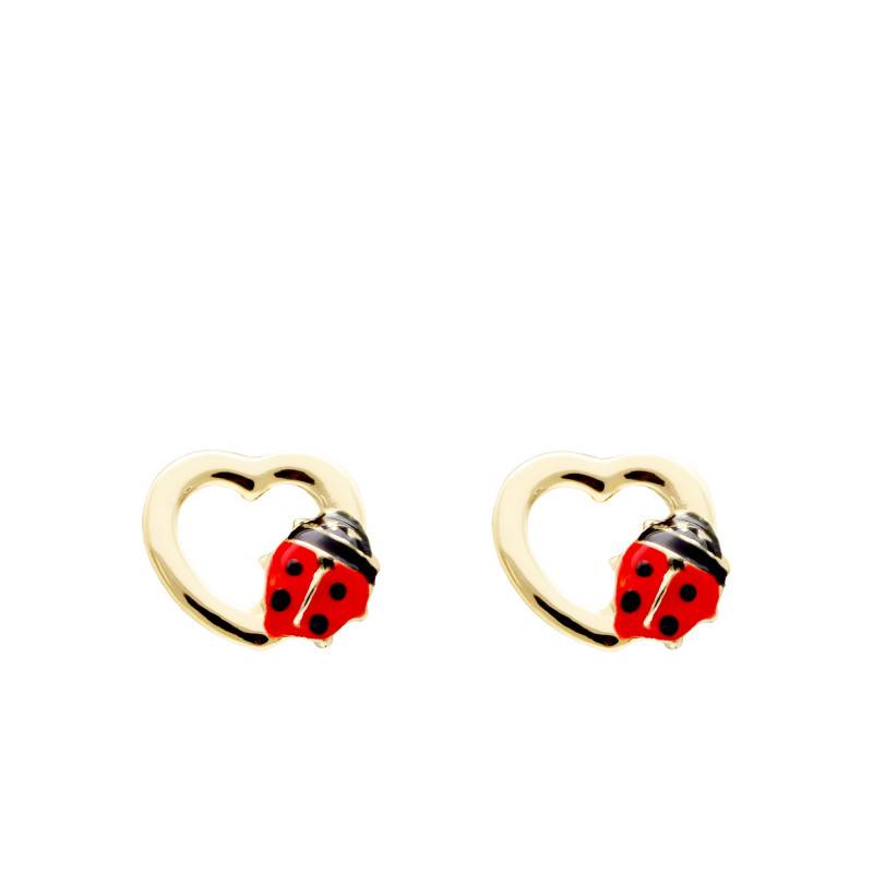 750/1000 Yellow Gold Heart & Ladybug Stud Earrings - Bambins